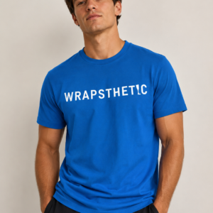 Man wears bright blue t-shirt with Wrapsthetic logo